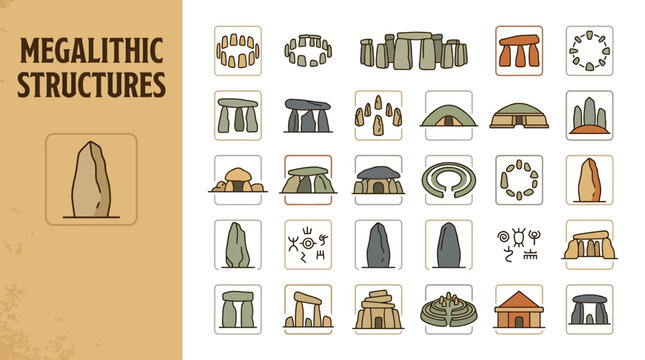 Collection of ancient megalithic structures and stone monuments, representing prehistoric architectural styles and archaeological sites from various cultures around the world