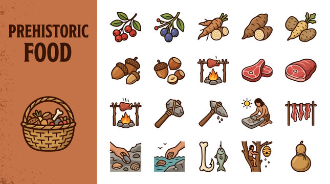 A collection of illustrated prehistoric food and tools, showcasing early human sustenance and survival methods