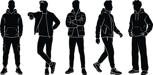 Man Silhouette Vector Set with Male Fashion Models Wearing Casual Hoodies Puffer Jackets and Sportswear in Various Standing and Walking Poses © SHILA