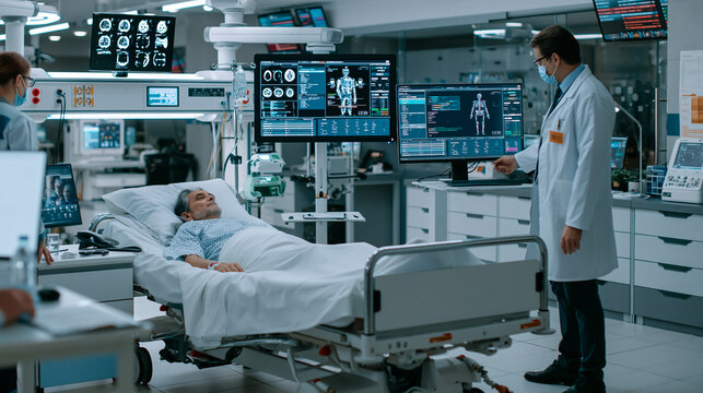 Modern Hospital Intensive Care Unit with AI Patient Monitoring System and Healthcare Technology