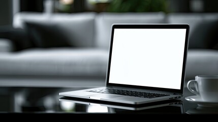 Fototapeta premium A modern laptop with a blank screen sits on a glass table next to a cup of coffee