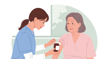 Fototapeta premium Nurse assists elderly woman with medication, healthcare, support, care