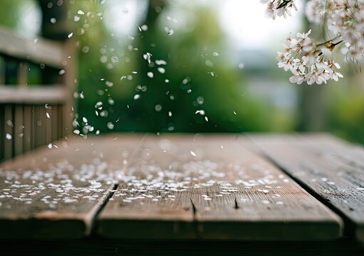 Soft blossoms drift onto weathered wood, a serene spring tableau