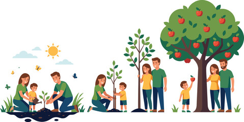 Fototapeta premium Sustainable family apple tree planting lifecycle vector illustration showing gardening growth stages from small sapling to mature harvest