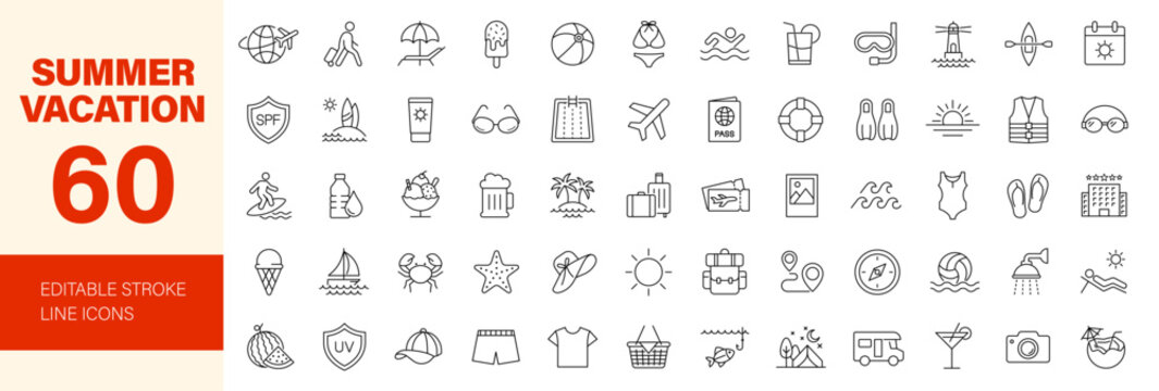Summer vacation icon set. Editable line icons. Vector illustration.