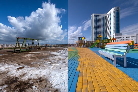 Contrasting playgrounds illustrating urban development and social change