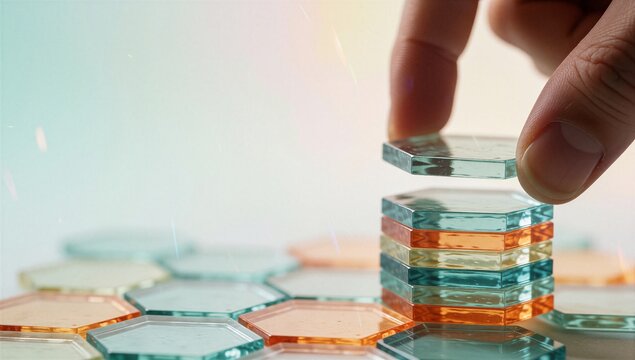 Hand placing a colorful glass hexagonal tile on a stack, representing building blocks and growth concept
