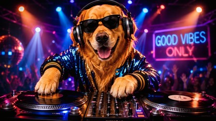 Dog DJ wearing sunglasses mixing music at a vibrant party scene 