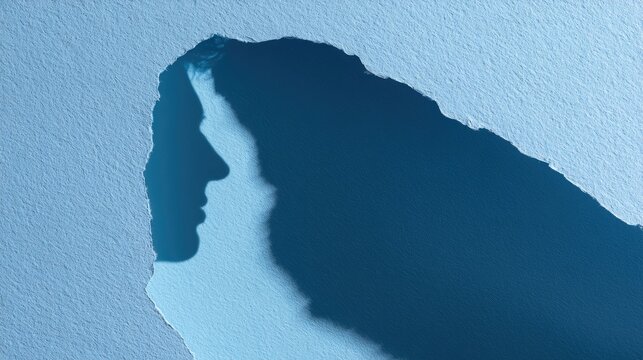 Silhouette profile emerges from blue paper, casting a dark shadow