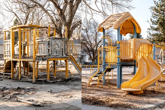 Playground structure before and after fire damage comparison