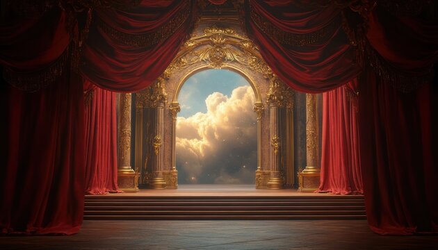 ornate golden arch and columns on a theatre stage with red velvet curtains and steps opening to a luminous cloud-filled sky, evoking wonder and drama