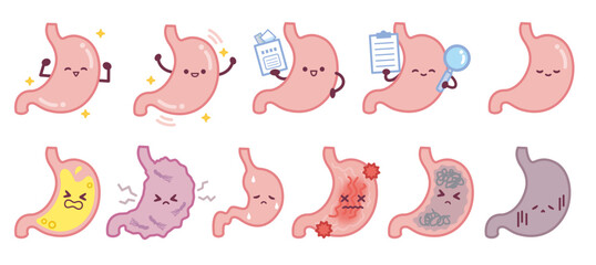 Obraz premium 胃のキャラクターベクターイラストセット 健康な胃と病気の胃