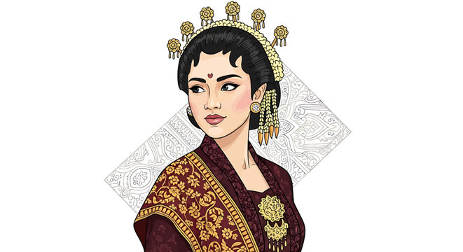 Beautiful illustration of a traditional Indonesian woman wearing elegant Javanese kebaya and royal crown.