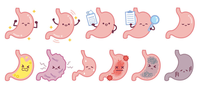 胃のキャラクターベクターイラストセット　健康な胃と病気の胃