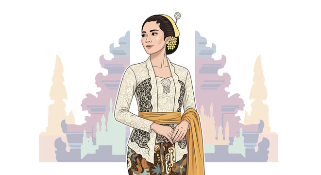 Beautiful Indonesian woman wearing traditional Balinese kebaya dress standing in front of temple gate illustration.