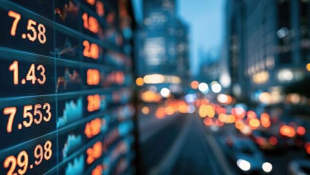 Glowing stock market tickers against a blurred city nightlife backdrop