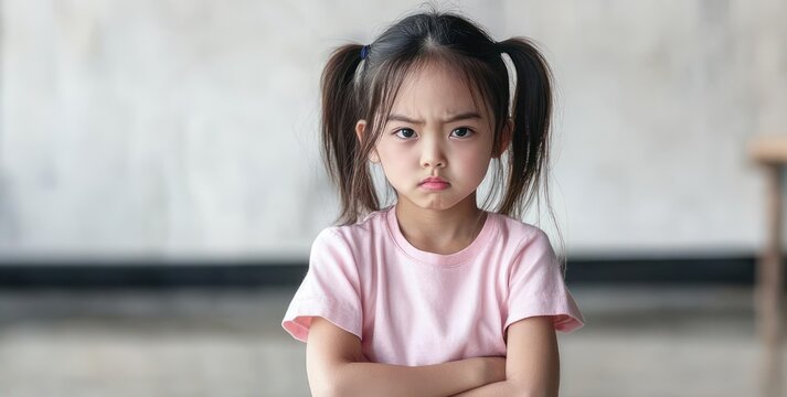 young girl with pigtails and crossed arms in a pink t-shirt standing indoors with a serious, defiant expression against a plain blurred wall