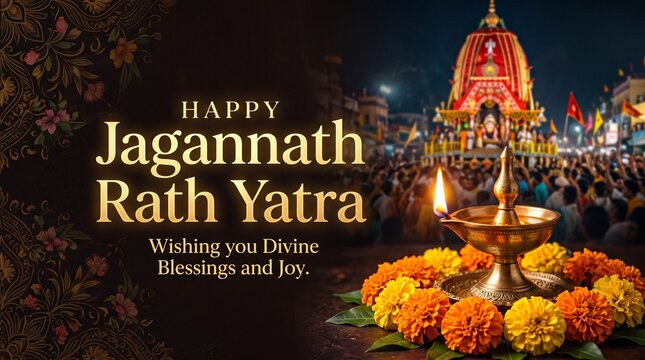 Happy jagannath rath yatra background with burning diya and chariot