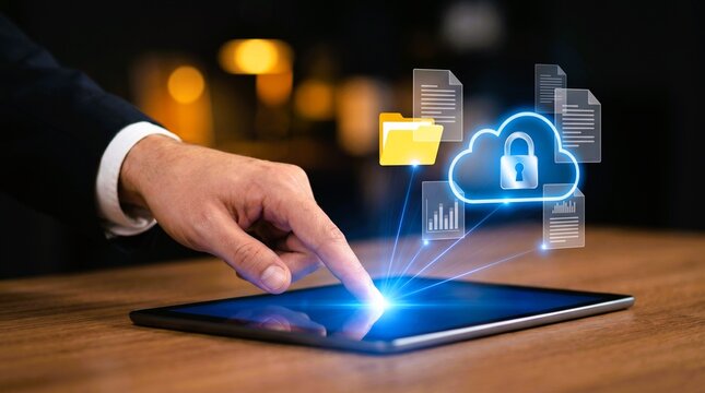 Cloud Security and Data Privacy Protection Concept on Digital Tablet Interface