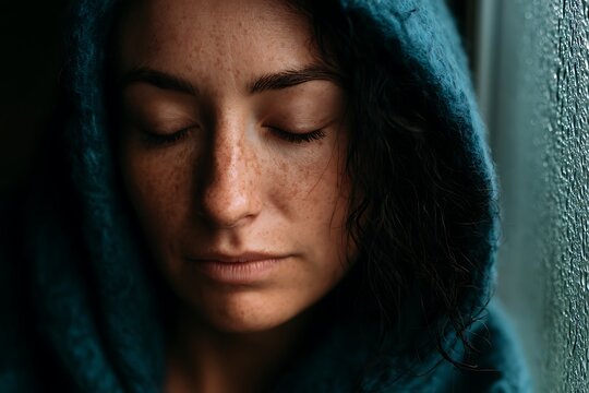 Woman with freckles reflecting near rainy window