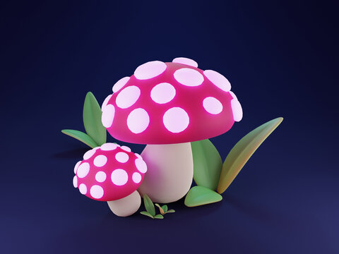 Two cute mushrooms cartoon with pink caps and white spots, one larger and one smaller on blue background. Image 3D rendering.