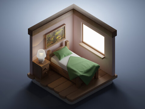 Bright bedroom interior with window, bed, bedsides with picture on wall. Concept of minimalist design for chill and relaxation. Image 3D rendering.