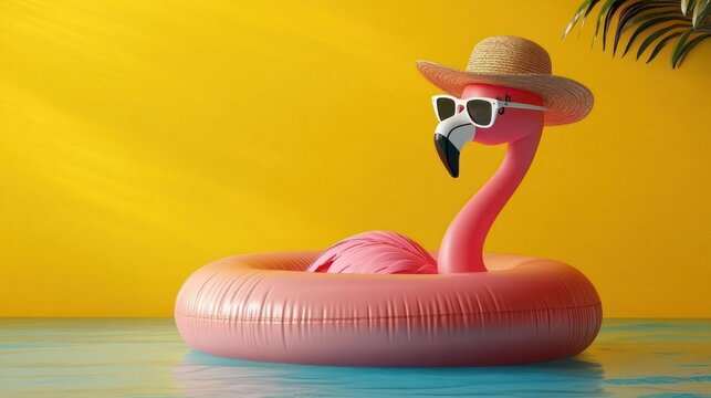 pink flamingo inflatable wearing a straw hat and white sunglasses floating on calm blue water against a bright yellow wall with palm leaves, playful relaxed summer mood