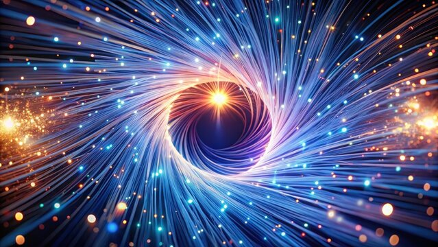 A swirling vortex of light emanates from a central node radiating in every direction through a labyrinthine web of fiber optic cables pulsing with an