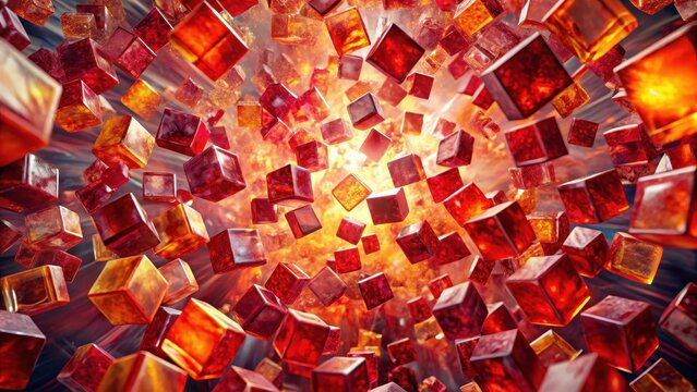 A kaleidoscope of colors bursts forth from the shattered red jelly cubes suspended in midair amidst a swirling vortex of abstracted food textures and