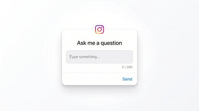 Instagram Ask me a question sticker mobile app UI UX interface mockup for social media engagement, stories interaction tool with text input field, logo, send button, and character counter template