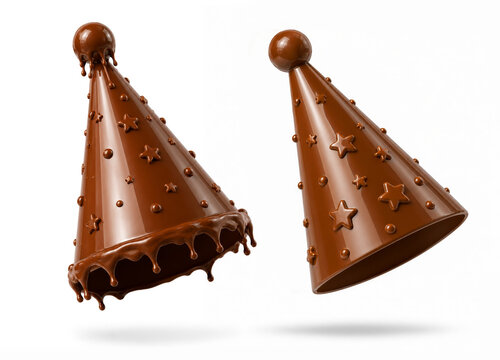 Glossy Chocolate Party Hat with Melting Chocolate Drips and Star Decorations Isolated on White Background