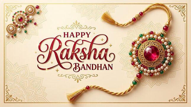 Elegant happy raksha bandhan greeting card with ornate jeweled gold rakhi on soft cream textured background, festival