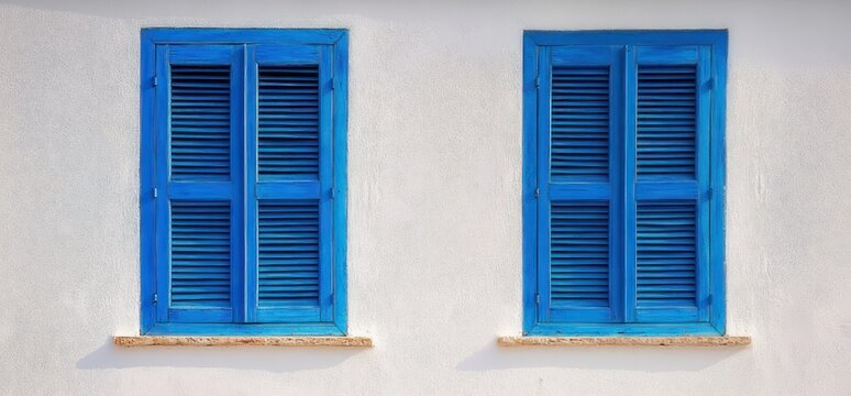 pair of bright blue wooden shuttered windows set in a white stucco wall with stone sills, evoking calm coastal charm and sunlit simplicity