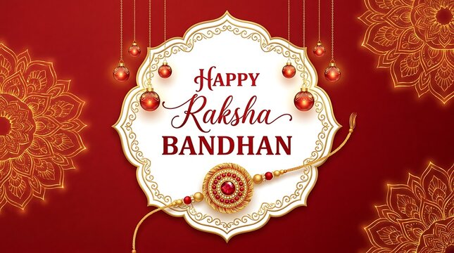 Happy raksha bandhan banner with ornate central label decorative mandalas and gold rakhi thread festival tradition