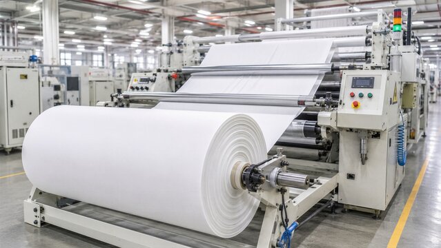Industrial paper roll being produced on large converting machine