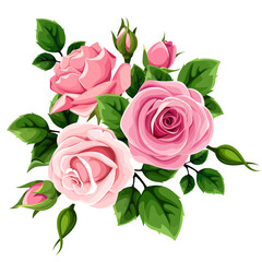 Fototapeta premium Pink roses. Bouquet of rose flowers isolated on a white background. Vector illustration