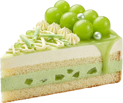 Slice of fresh green grape mousse cake with cream