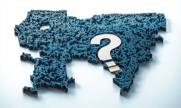 three-dimensional blue textured landmass made of vertical blocks with a large white question mark cutout, evoking mystery and uncertainty