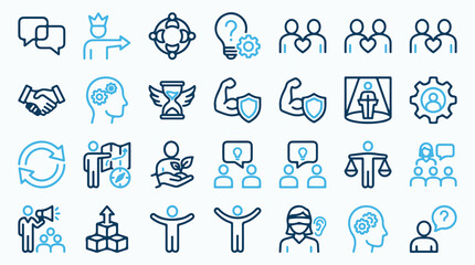 Fototapeta premium Business ethics and human resources line icon set. Blue and dark blue vector icons representing teamwork, leadership, communication, and soft skills.