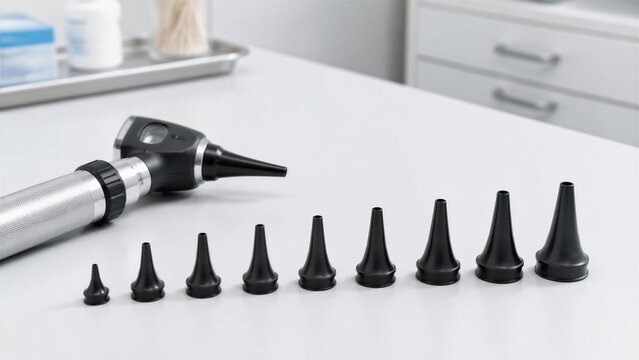 Medical otoscope with arranged ear specula on exam table