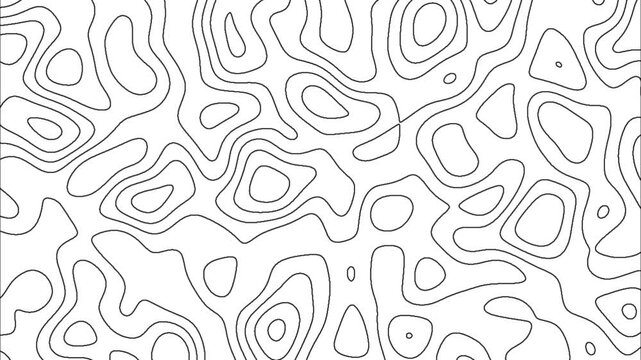 Abstract topographic contour map concept, cartography geographic terrain pattern design, topo wavy black and white mountain surface, liquid line art background animation