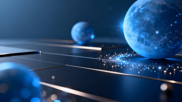 Blue celestial spheres on reflective surface