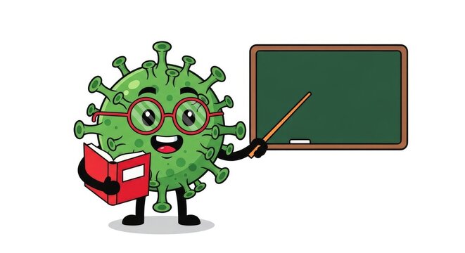 Cartoon virus character teaching with chalkboard