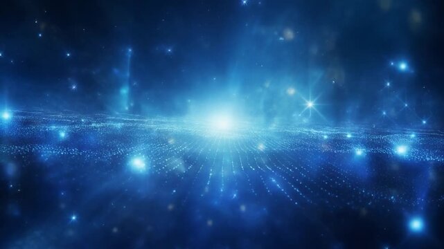 Digital landscape of glowing particles receding toward bright central light source in deep space