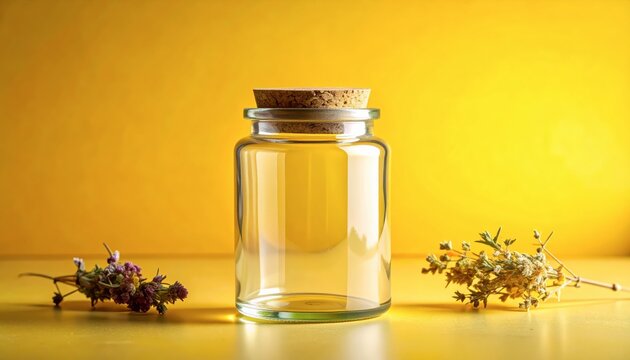 Empty glass jar with lavender flowers.