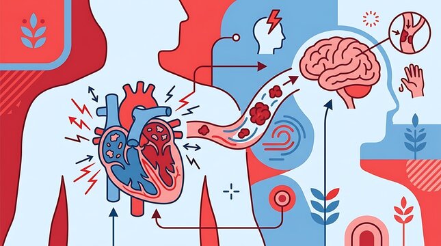 Anatomy of a stroke showing heart and brain connection with blood clots
