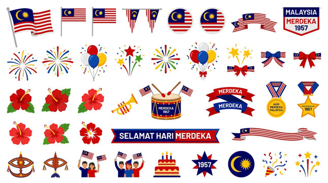 Vibrant Malaysian Independence Day celebration icons and symbols displayed