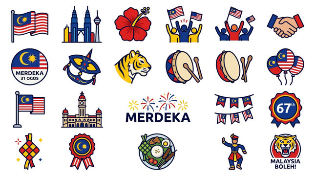 Vibrant Independence Day Celebration Icons Displayed on White Background