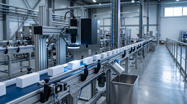 Manufacturing facility automated production line with machine vision inspecting product boxes