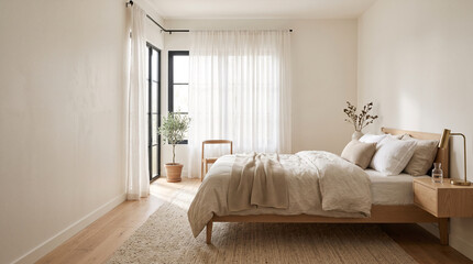 Fototapeta premium Bedroom furnished with minimalist natural decor and comfortable linen bedding in sunlight